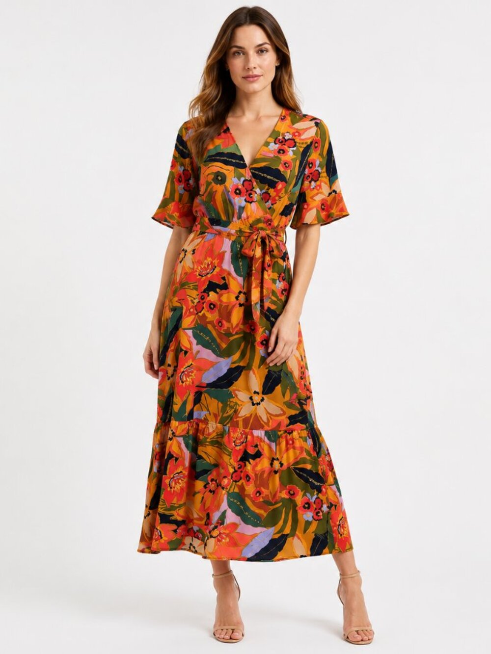 Halogen Floral Wrap Maxi Dress Medium Boho Flutter Sleeve Wedding Guest